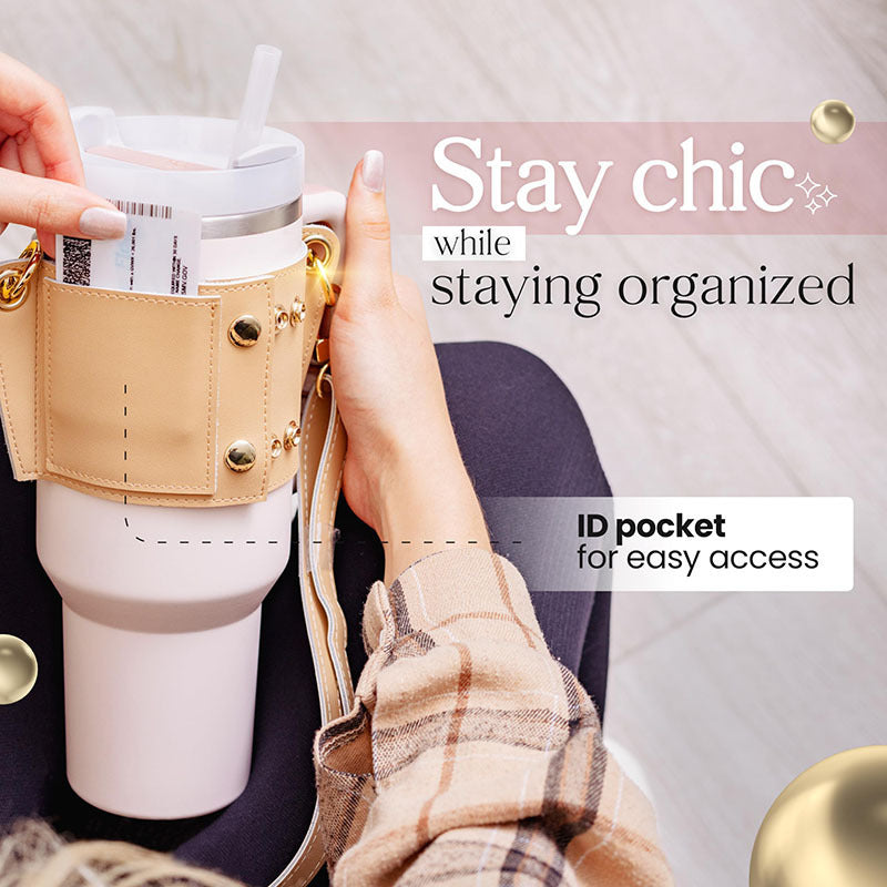 White tumbler with beige holder and ID pocket
