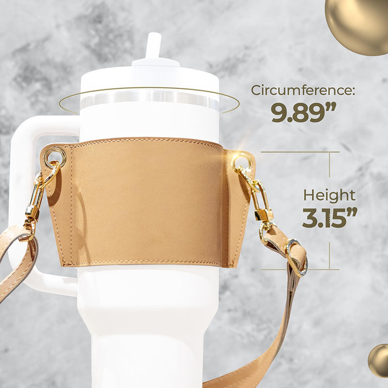White mug with beige sleeve and gold handle on a marble background