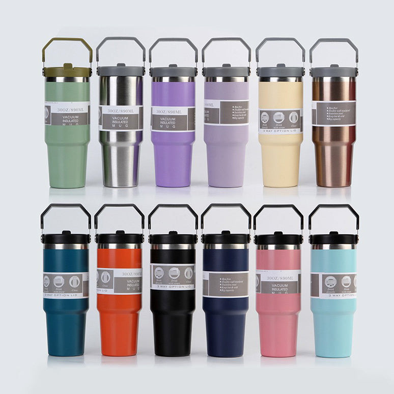 Collection of insulated travel mugs in various colors on a white background