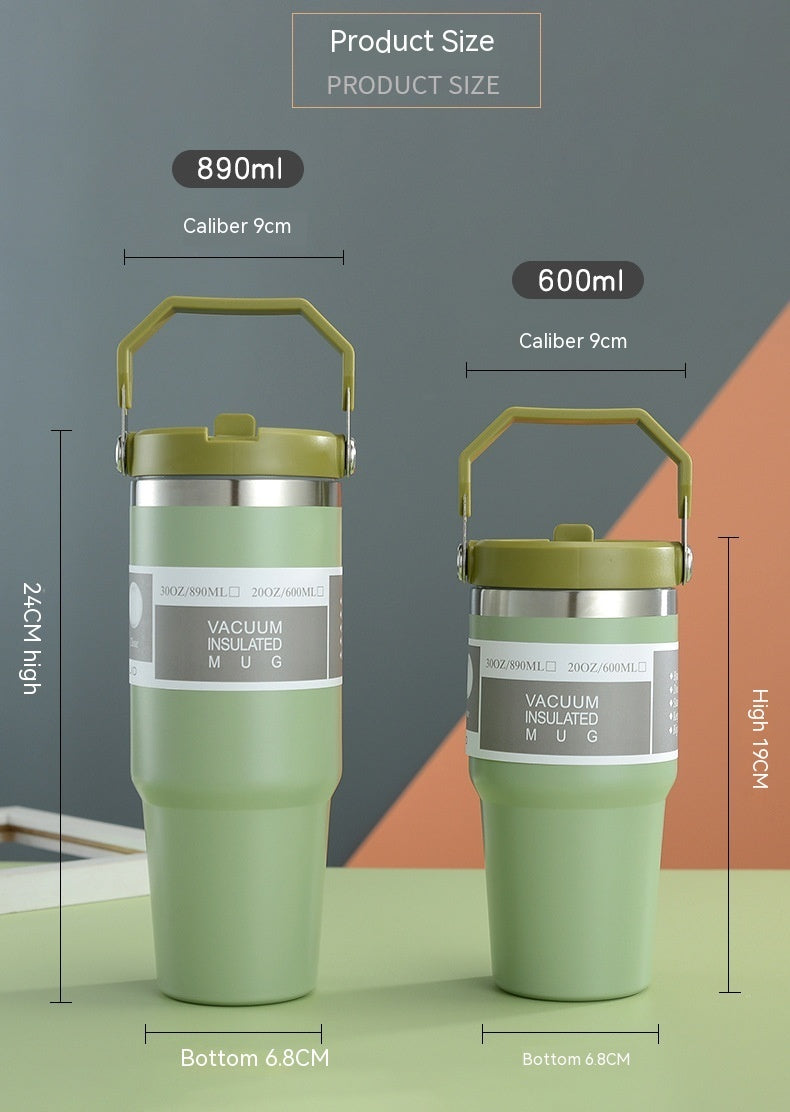 Two green vacuum insulated bottles with measurements on a colorful background