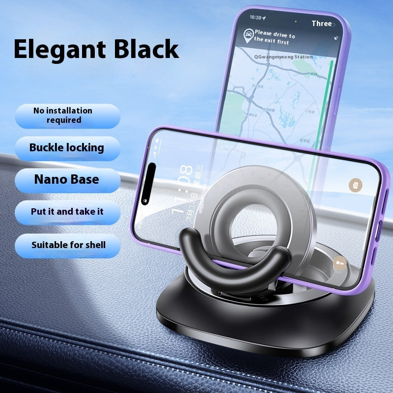 Black car phone holder with smartphone on a blue car dashboard, featuring text highlighting features.