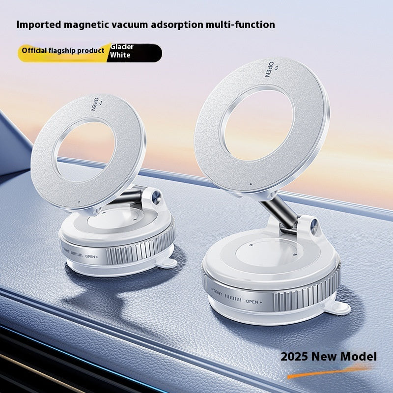 Two magnetic vacuum adsorption multi-function devices on a car dashboard with promotional text.