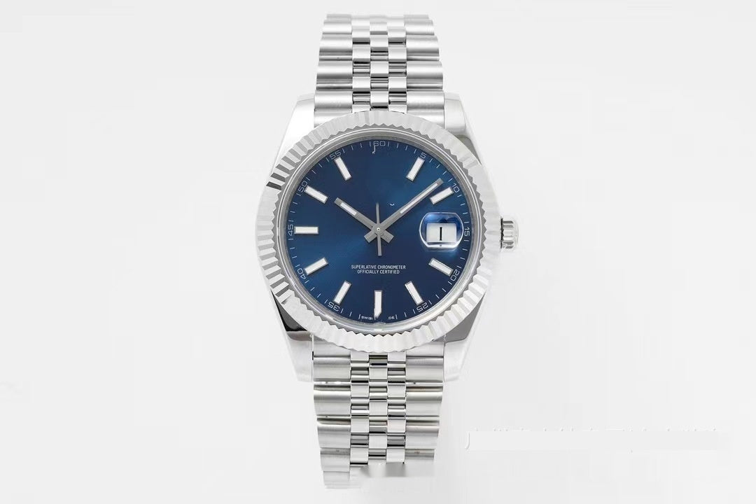 Silver watch with a blue face on a white background