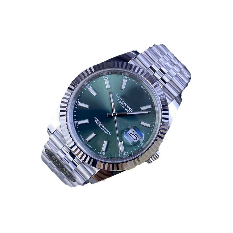 Silver watch with a green face on a white background