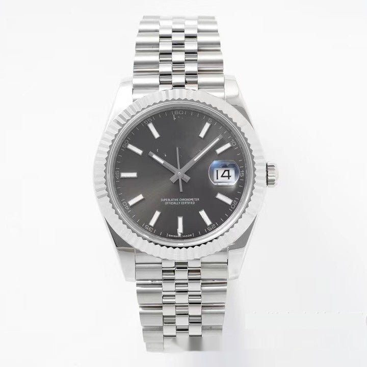 Silver watch with a dark gray face on a white background