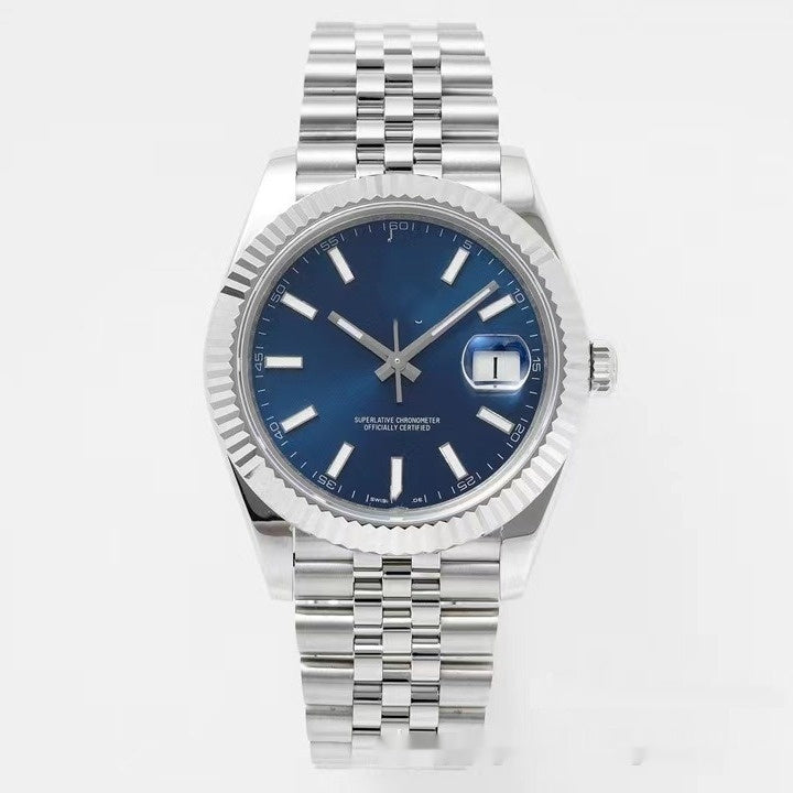 Silver watch with a blue dial on a white background