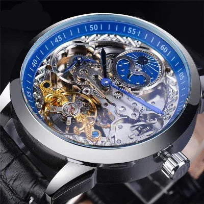 Mechanical skeleton watch with blue moon phase dial, black case, stainless hands, leather strap.