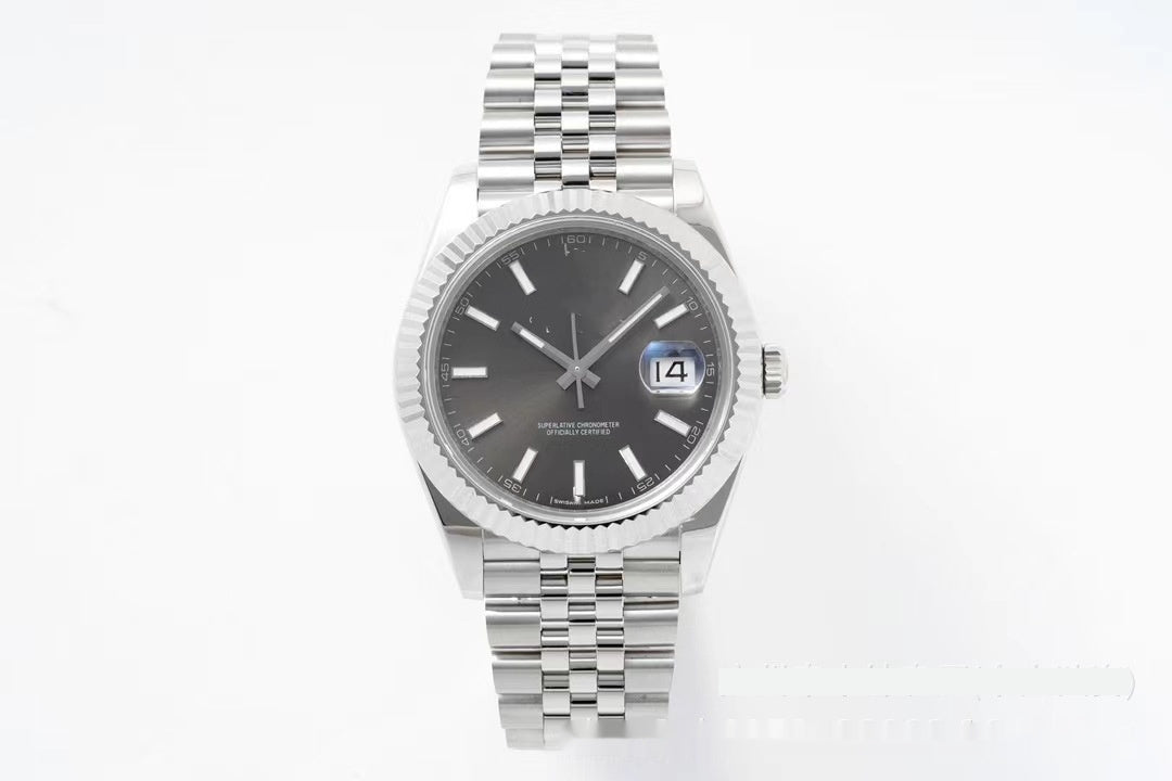 Silver watch with a dark face on a white background