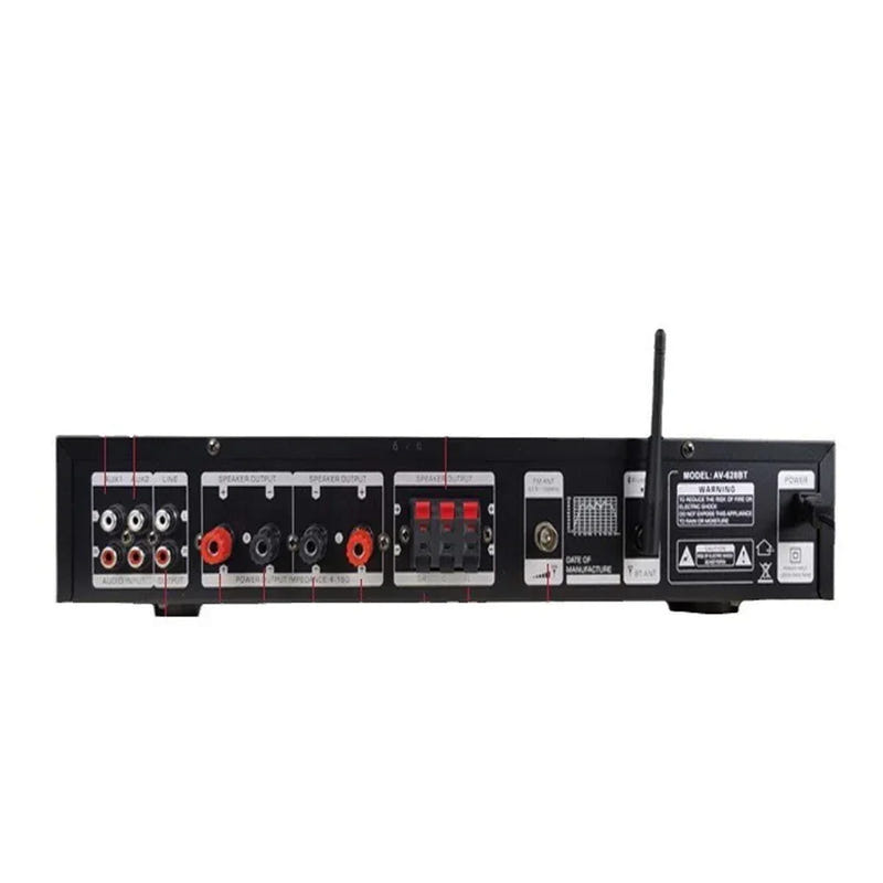 Bluetooth audio power amplifier rear panel with input/output ports and external antenna