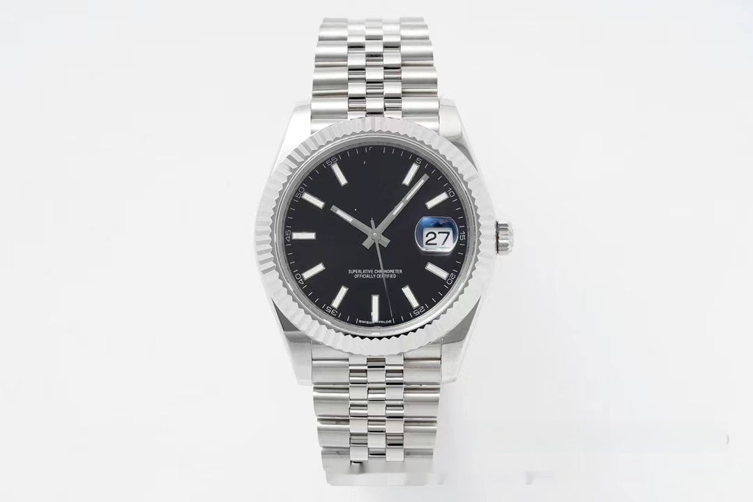 Silver watch with a black face on a white background