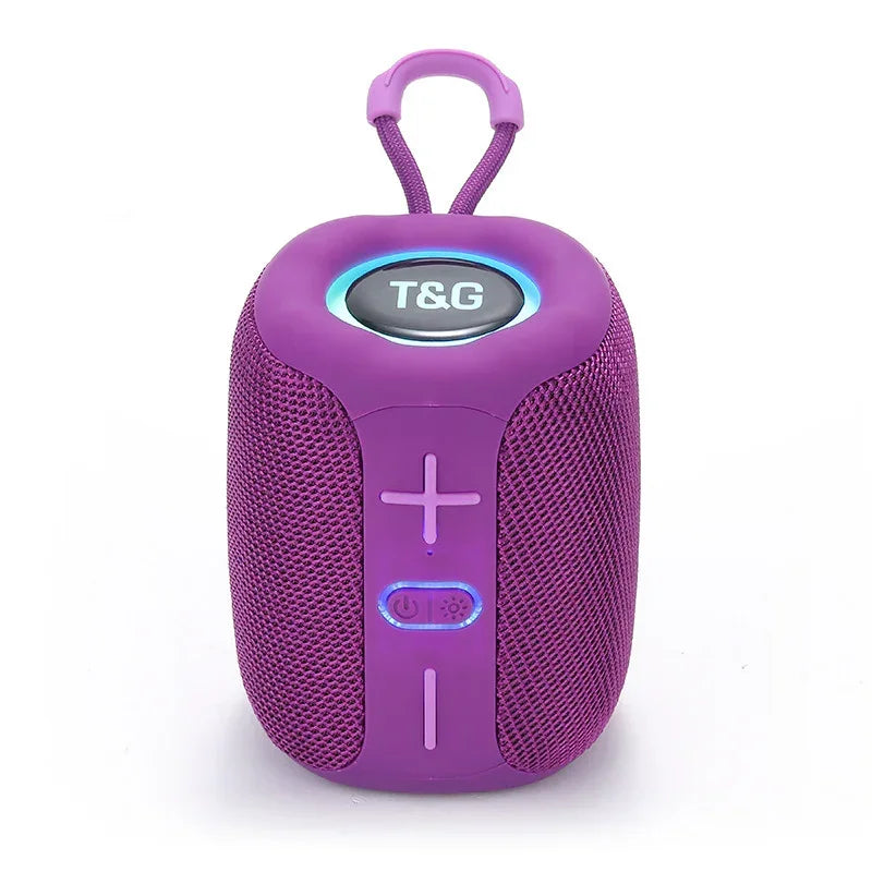Purple wireless Bluetooth subwoofer speaker with handle and front control icons