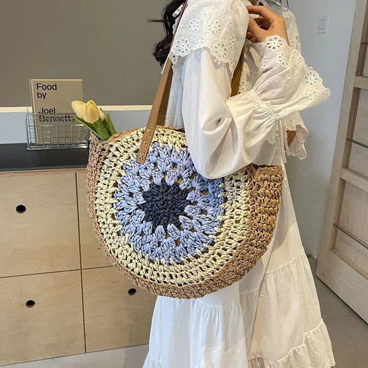 Colorful Crochet Round One-Shoulder Straw Bag for Women - YAXSO