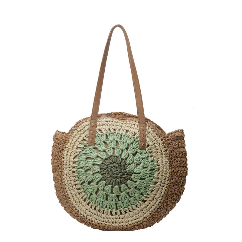 Round woven bag with a gradient design on a white background