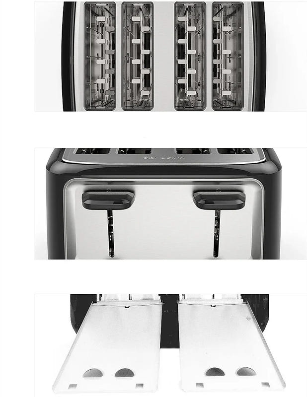 Black 4-slice automatic toaster with four slots and removable crumb tray