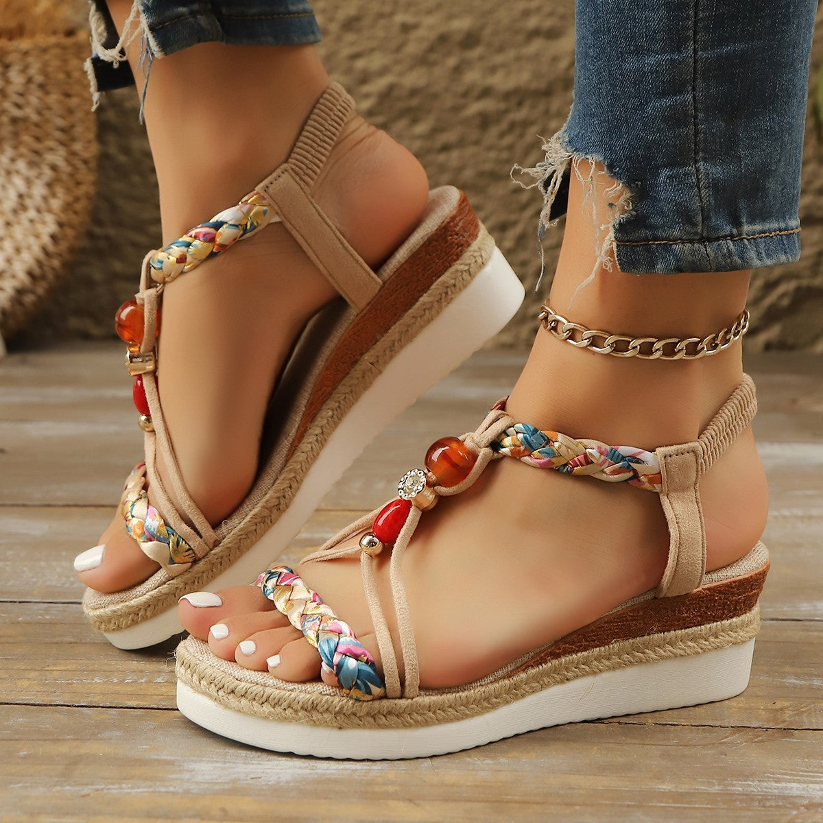 Rhinestone Beaded Platform Wedge High Heels