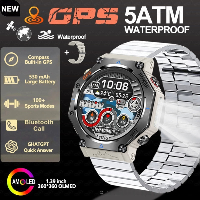 Silver metal smart watch with round face, multi-dial display and linked bracelet band