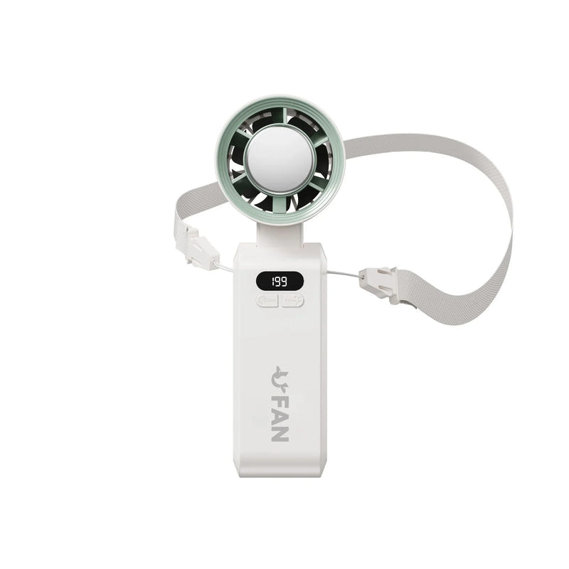 White portable handheld cooling fan with mint-green LED ring head and carry strap