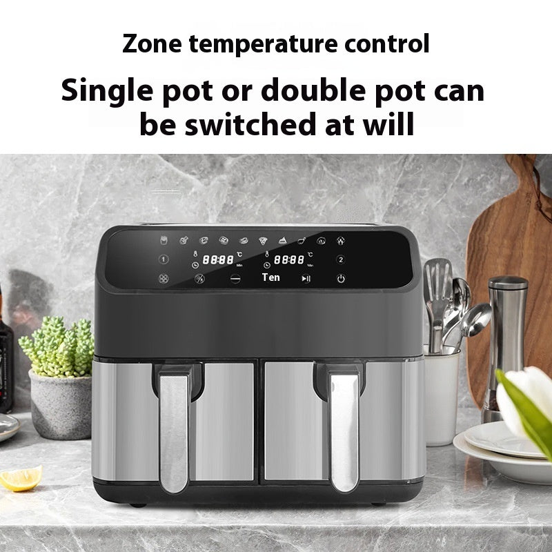 Multicooker with digital display on a kitchen counter, featuring text about temperature control.