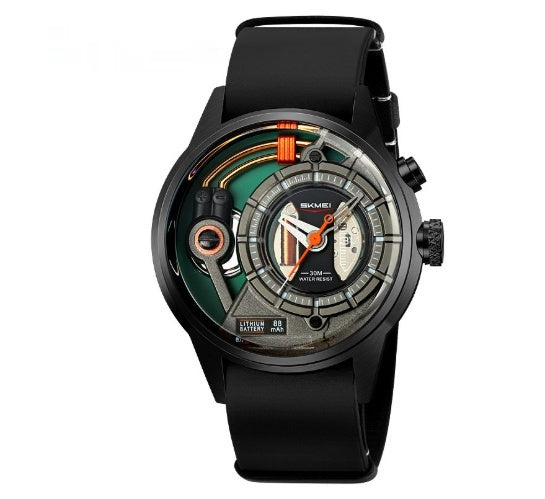 Men's quartz watch with black case, black dial, and black silicone strap.