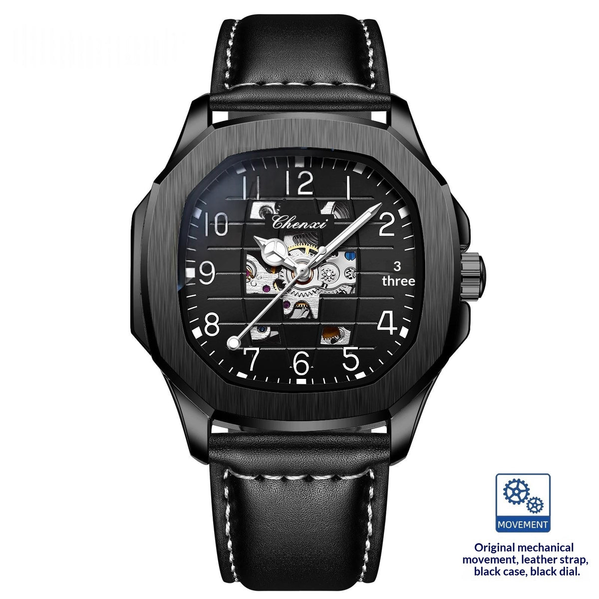 Men's square mechanical watch with dark case, black leather strap, black dial