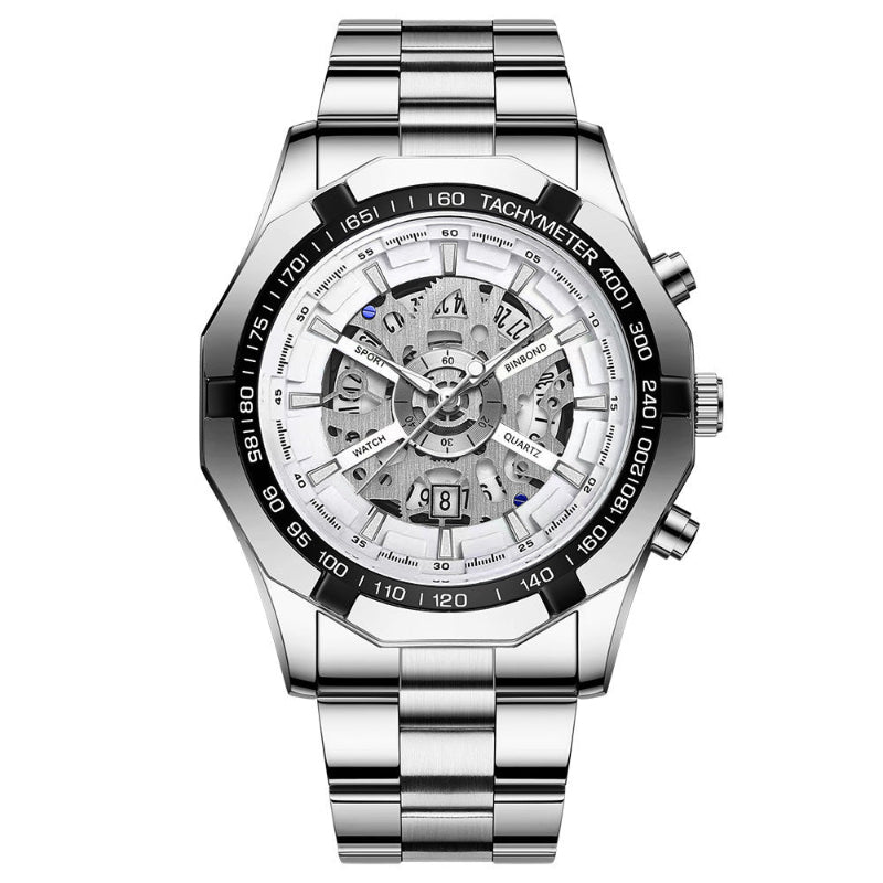 Silver wristwatch with detailed face on a white background