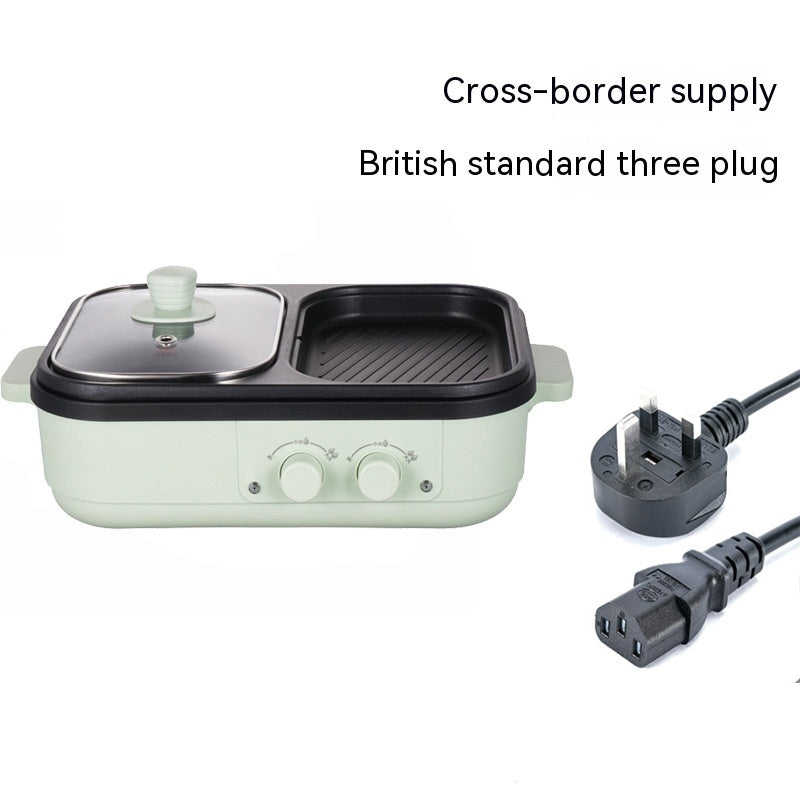 Electric grill with a British standard three plug on a white background