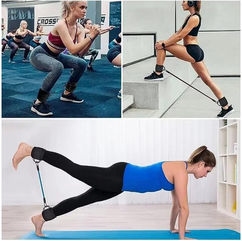 Ankle resistance band with black ankle cuffs and metal hooks, blue strap