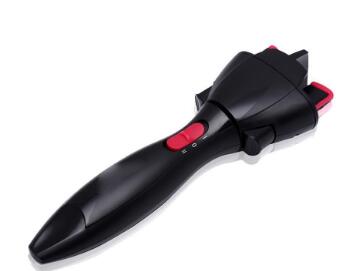 Black automatic hair twister with pink side buttons and curling barrel attachment