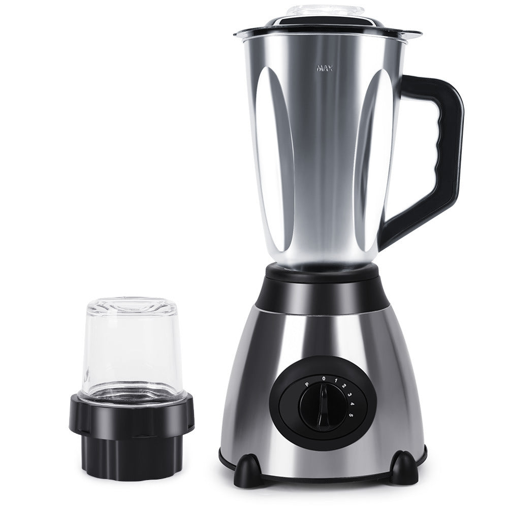Silver blender with black accents on a white background