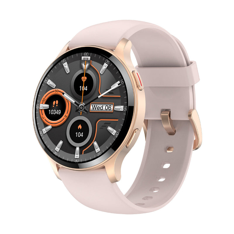 Smartwatch with a light pink strap on a white background