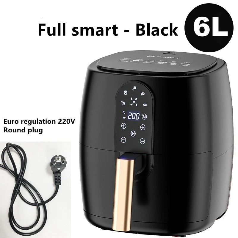 Black air fryer with digital display and power cord on a white background