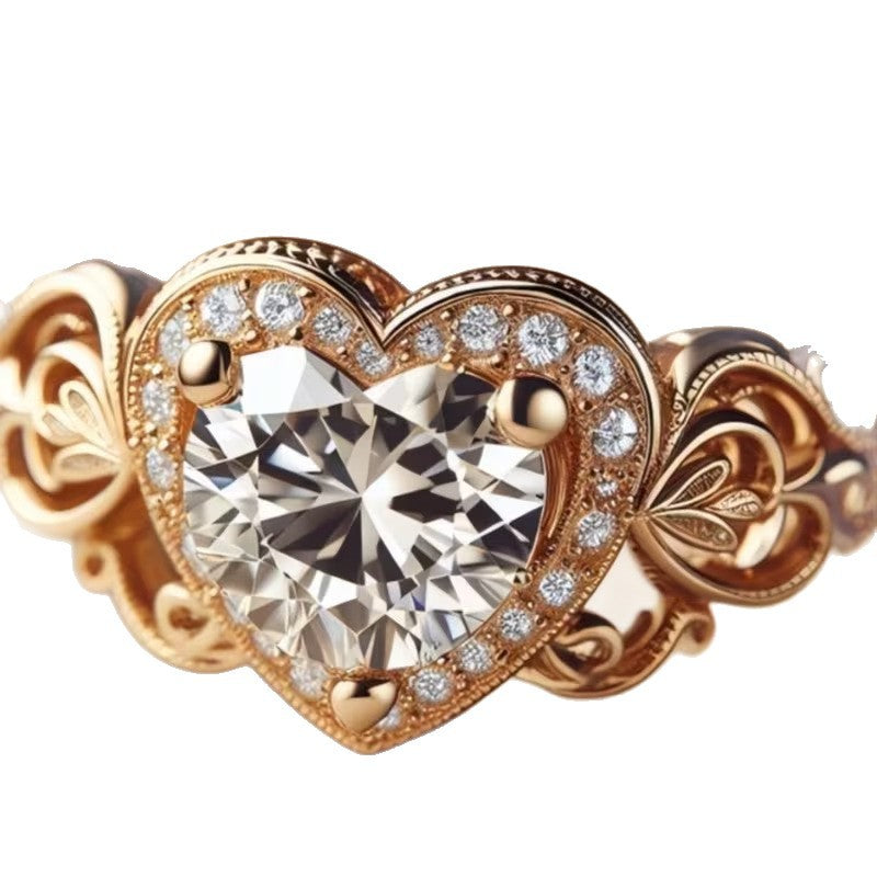Rose gold heart-shaped diamond ring with intricate design on a white background