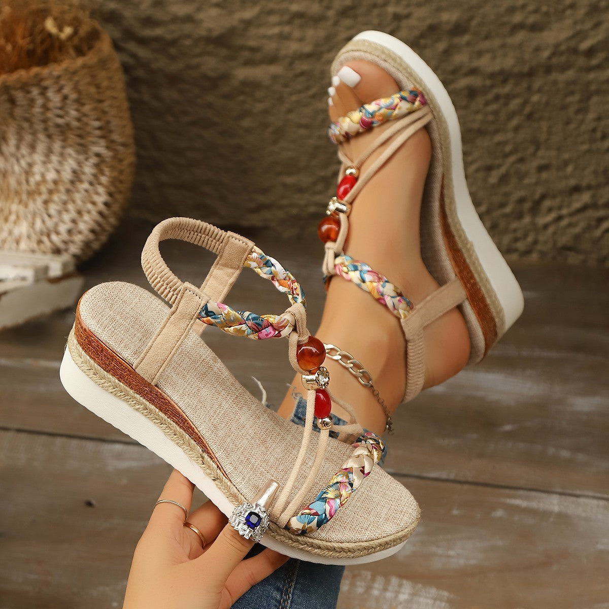 Rhinestone Beaded Platform Wedge High Heels