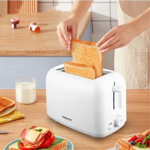 Person placing toast into a white Sokany toaster on a kitchen counter.