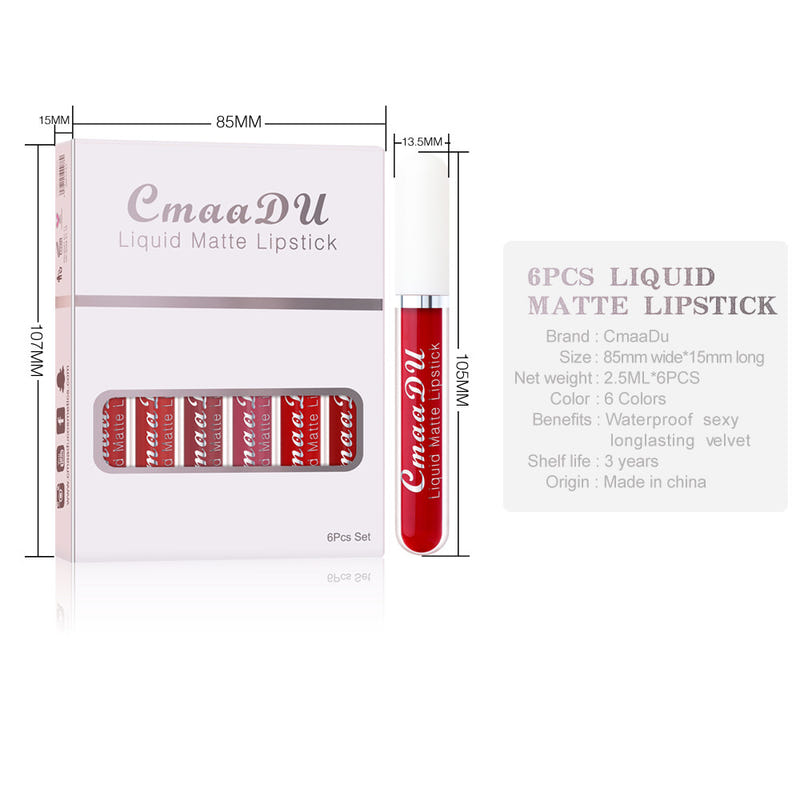 CmaaDu 6-piece liquid matte lipstick set box, waterproof long lasting, size chart