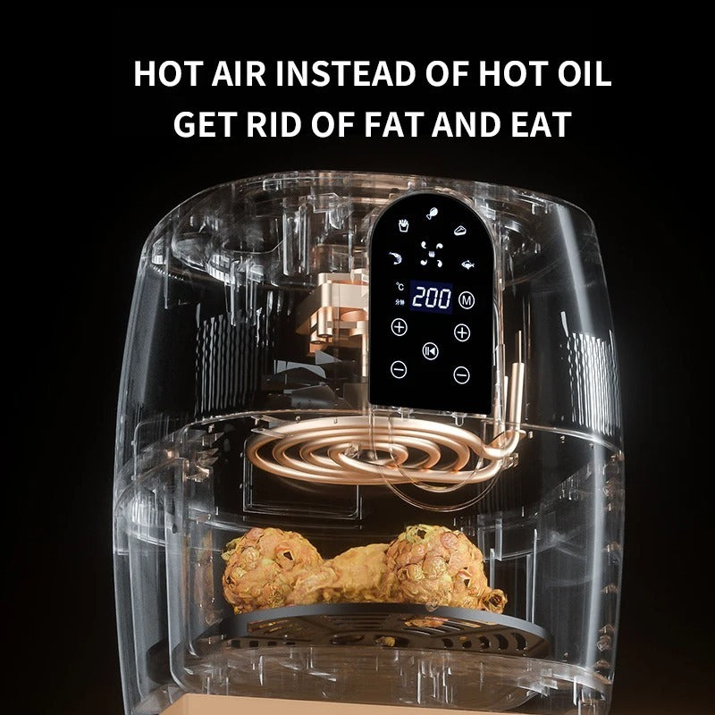 Clear air fryer with food inside on a black background, featuring text about using hot air instead of oil.