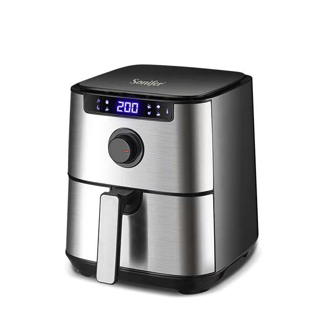 Silver air fryer with digital display on a white background