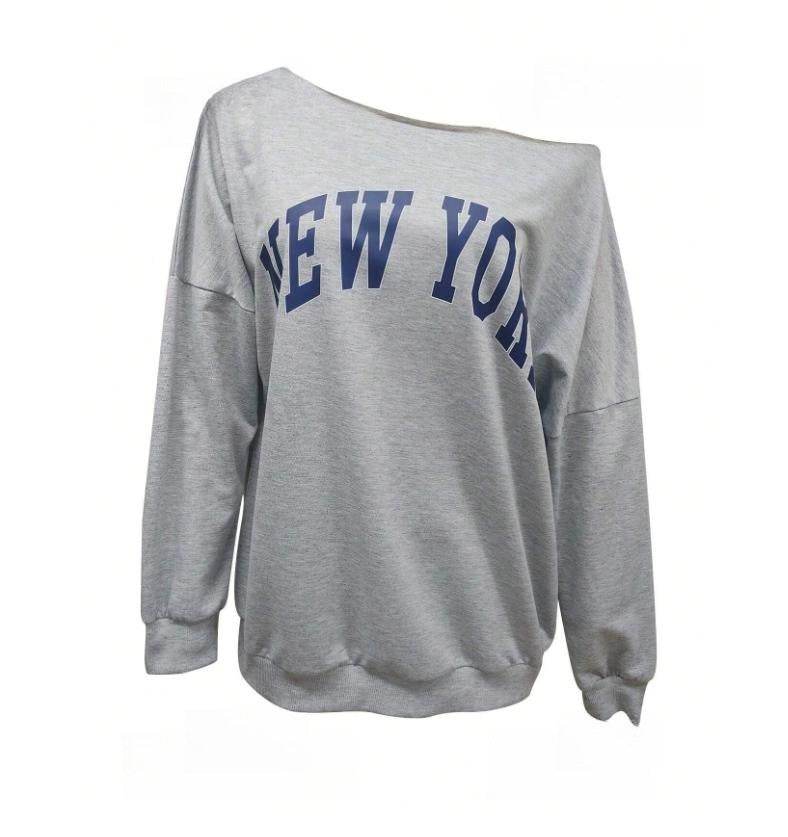 Women's Simple Letter Print Off-shoulder Long Sleeve Sweater - YAXSO