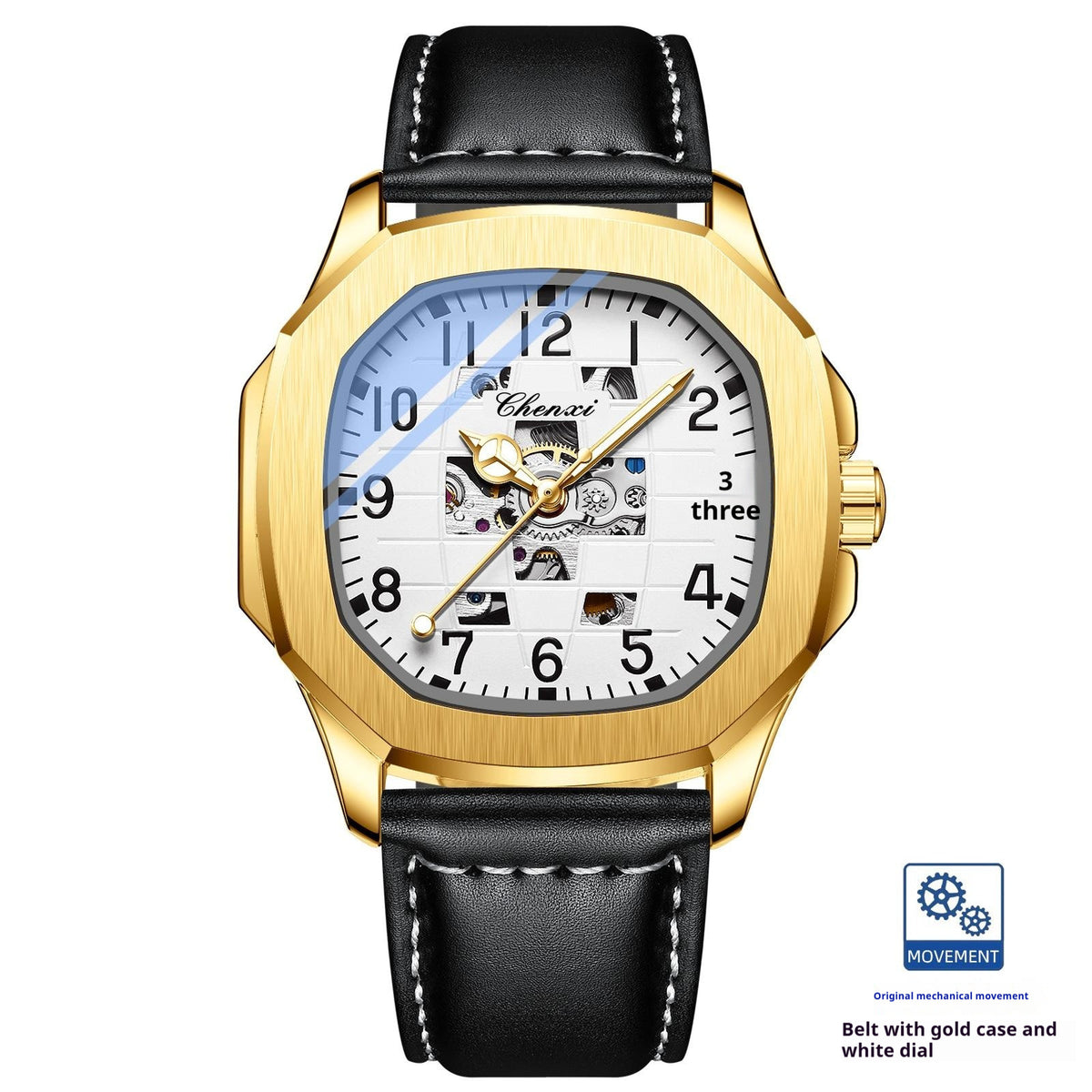 Men's square mechanical watch with gold case, black leather strap, white dial accents
