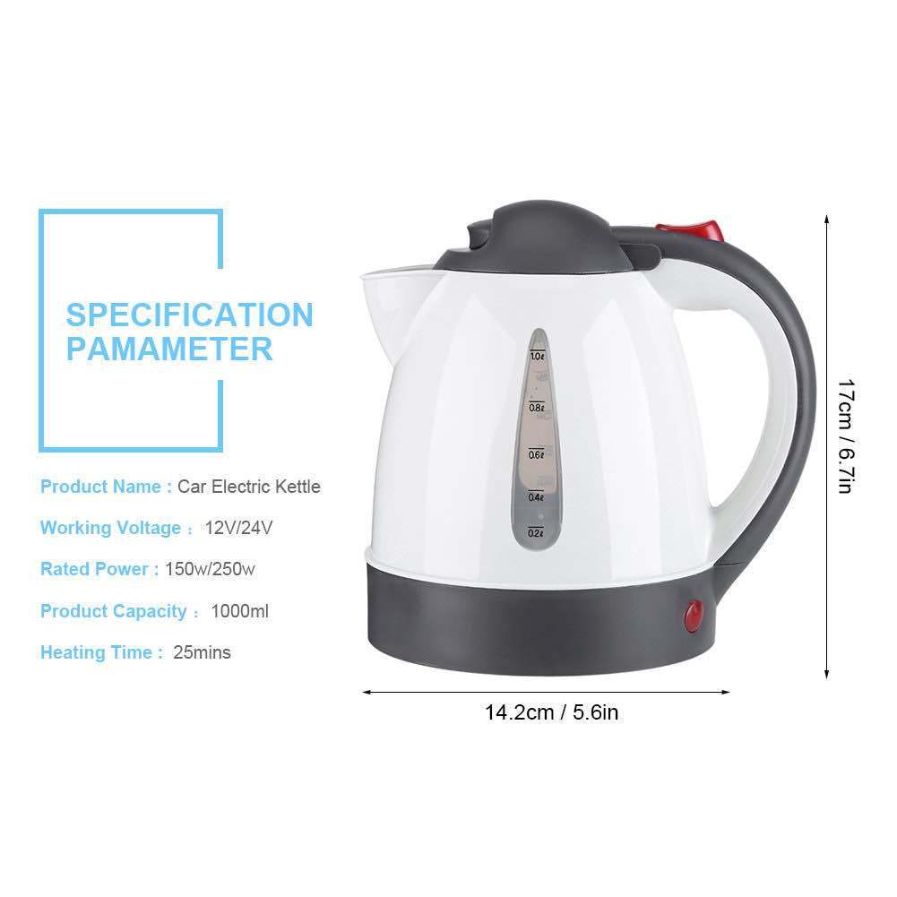 Car electric kettle with specifications on a white background