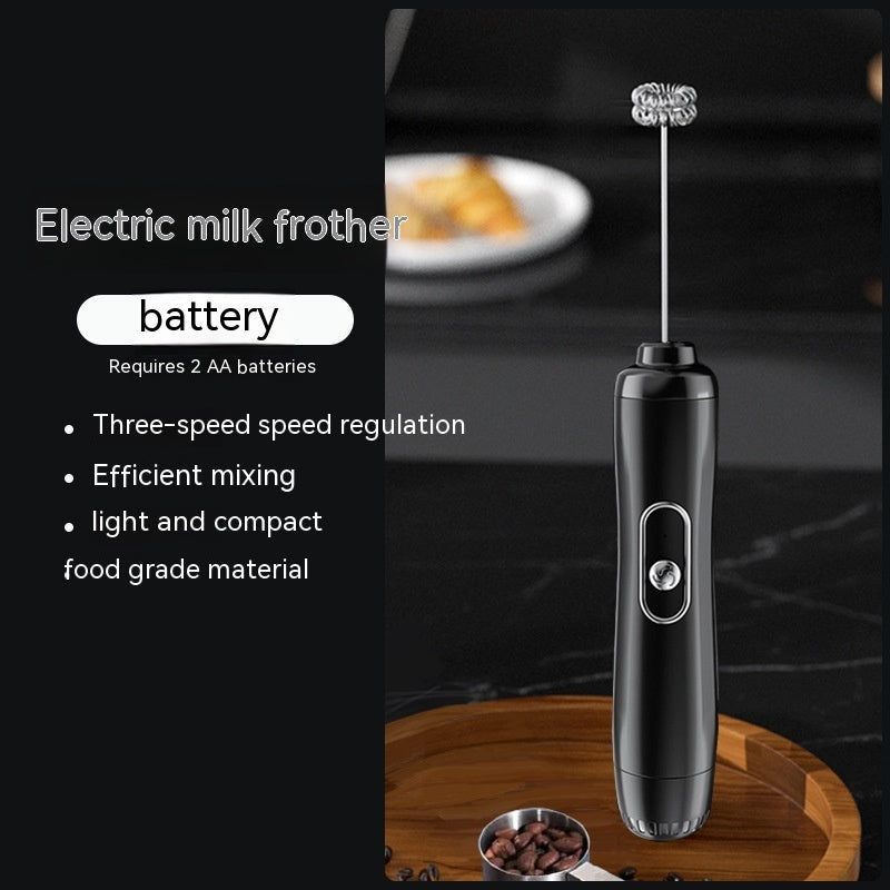 Black electric milk frother on a wooden board with text detailing its features.