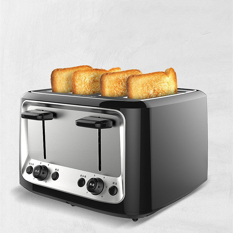 Black toaster with four slices of toast on a white background