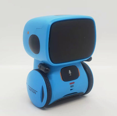 Blue voice recognition education robot side view with black display and wheel details.