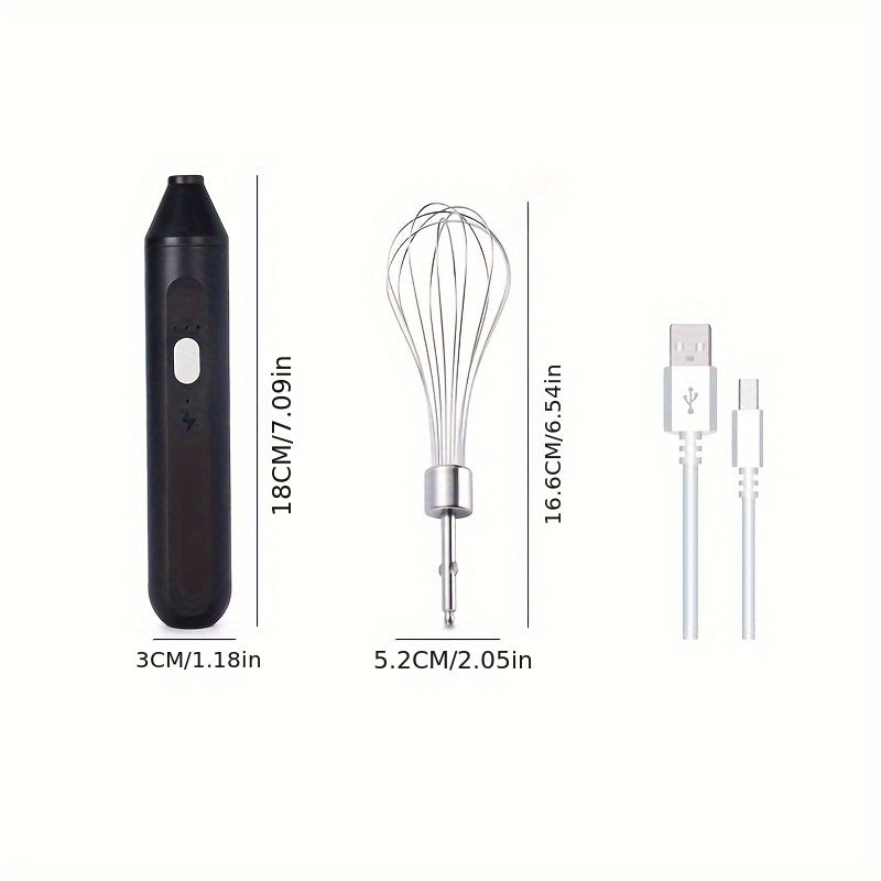 Black handheld device with whisk attachment and USB cable, showing dimensions on a white background.
