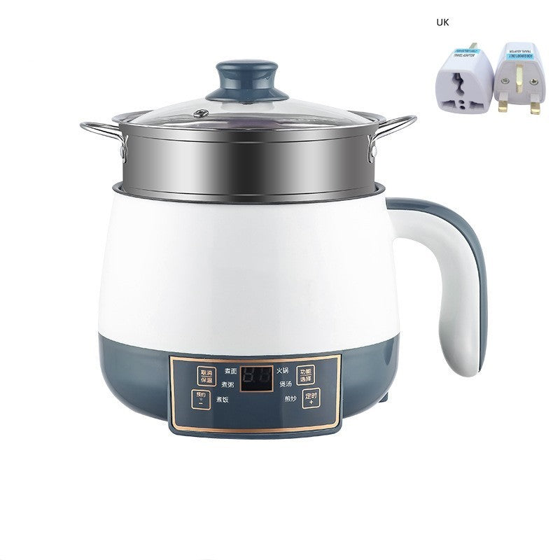 White and blue electric kettle with a lid on a white background, featuring UK plug adapter.