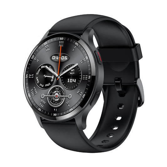 Black smartwatch with detailed face on a white background