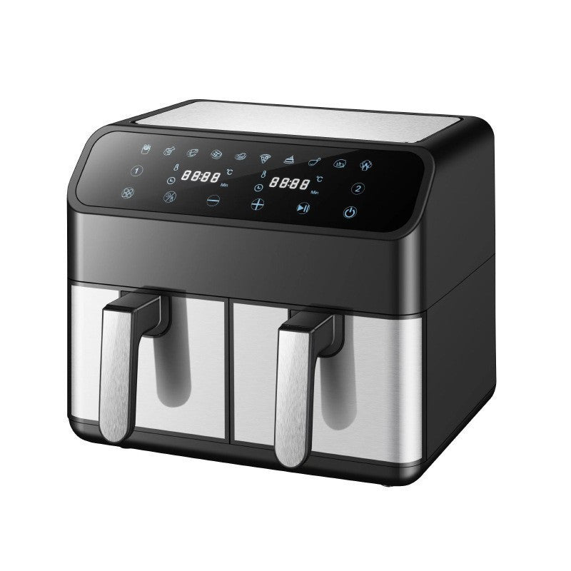 Black and silver air fryer with digital display on a white background
