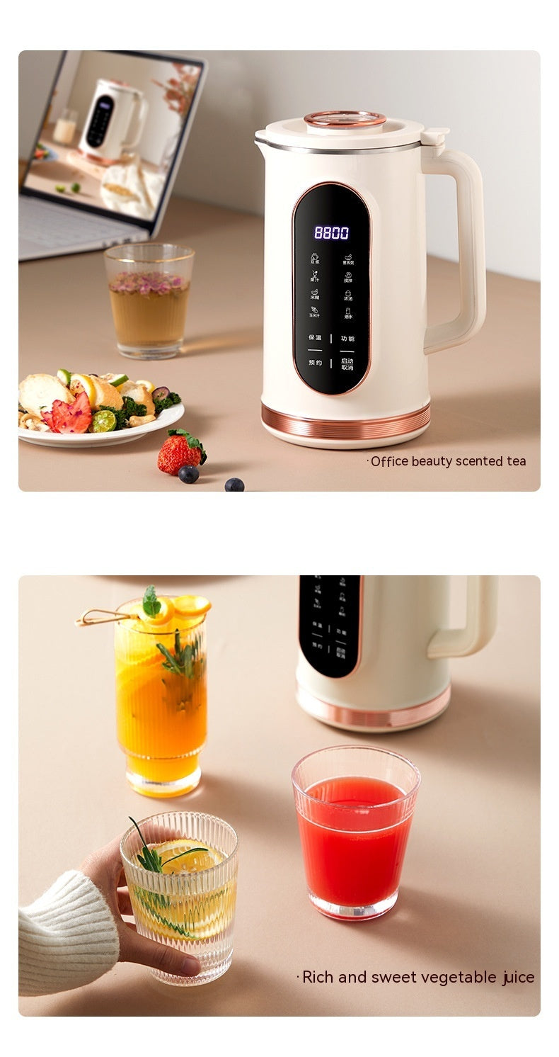 Electric tea maker with cups of tea and juice on a table