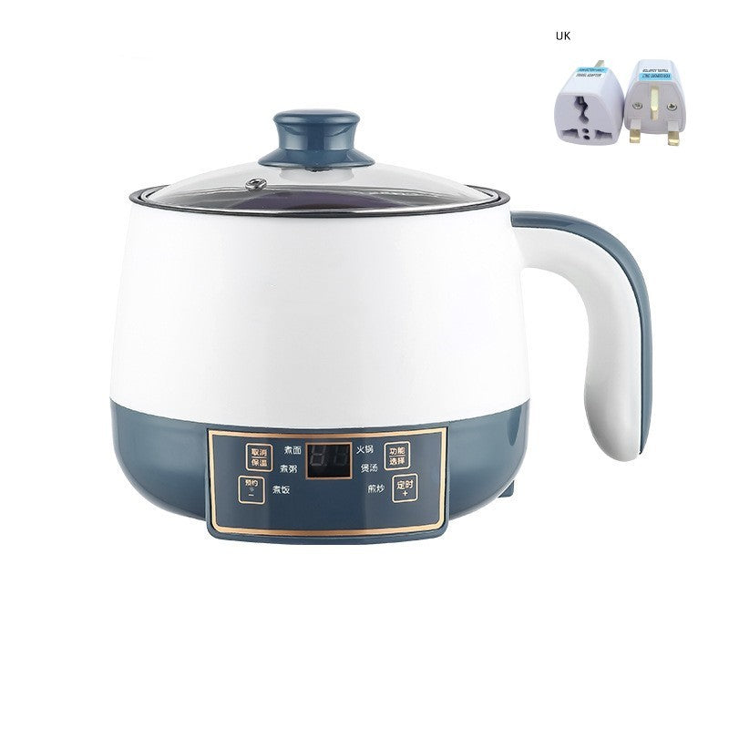 White and blue electric hot pot with control panel on a white background