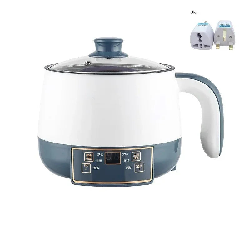 Electric cooking pot with glass lid, white body and dark blue base, UK plug adapters shown
